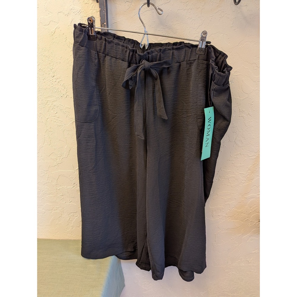 WOMAN Black Textured Waist Cropped Pants Elastic High Rise Tie Front 2x